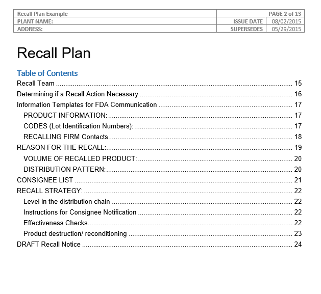 recall plan template